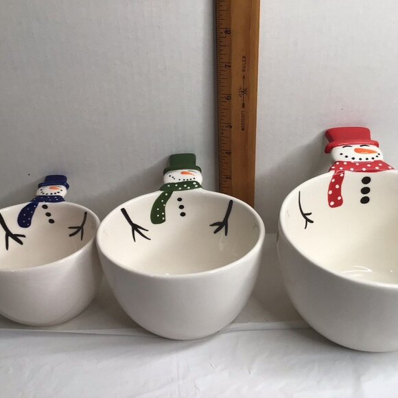 Nesting Snowmen Bowls Ceramic Holiday Spreaders Set Christmas Tree Santa Party - Picture 7 of 11